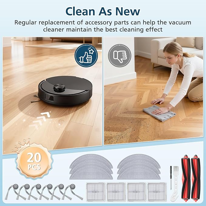 20Pcs Q10 S5+ Accessories for Roborock Q10 S5 / Q10 S5+ Robot Vacuum, Replacement Parts with 2 Main Brush, 6 Mop Pads, 4 HEPA Filters, 6 Side Brushes, 2 Tools
