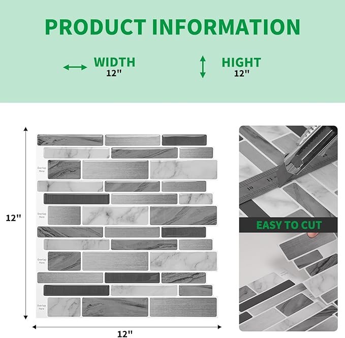 LONGKING Peel and Stick Backsplash Tile for Kitchen, Stick on Tile on Wall, Bathroom (Grey Marbling)
