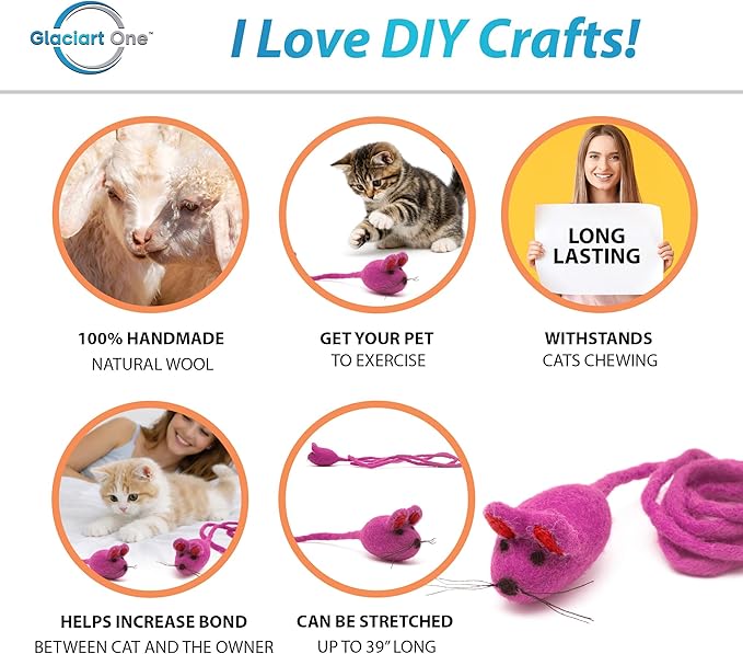 Glaciart One Felt Mouse Cat Toy – Soft Fuzzy Enrichment 100% Natural Wool - Interactive Catnip Play Cat Toy Set - Safe for Pets, Non-AZO Colored Dyes - 42” Long