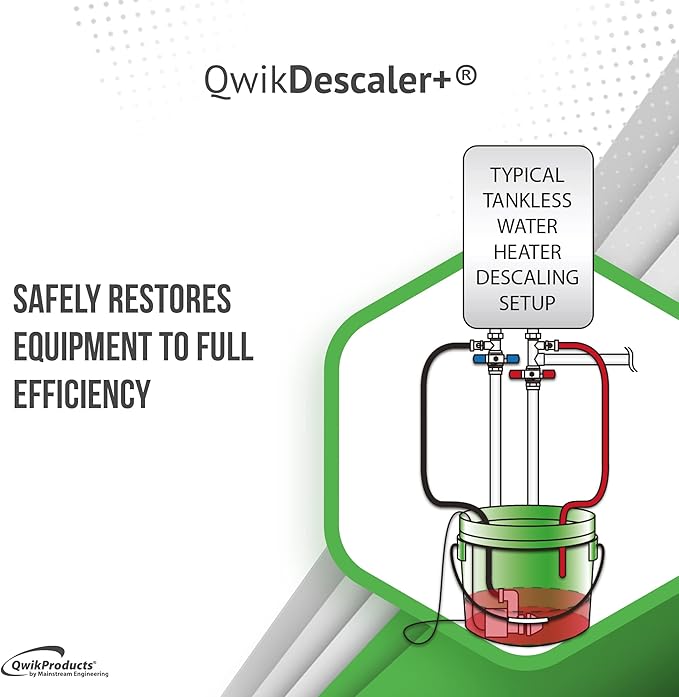 QwikProducts QwikDescaler + Concentrated Descaler Solution, Tankless Water Heater Descaling Solvent for Heat Exchanger, Quickly Dissolves Scale, Lime, Tarnish and Deposits, 1 Gallon