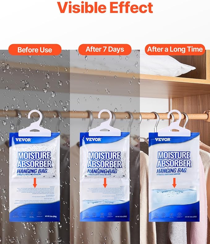 VEVOR Hanging Moisture Absorber, 9.3 oz Hanging Closet Dehumidifier Bags(10 Packs), Fragrance Free Moisture Bags in Wardrobes, Bedrooms, Bathrooms
