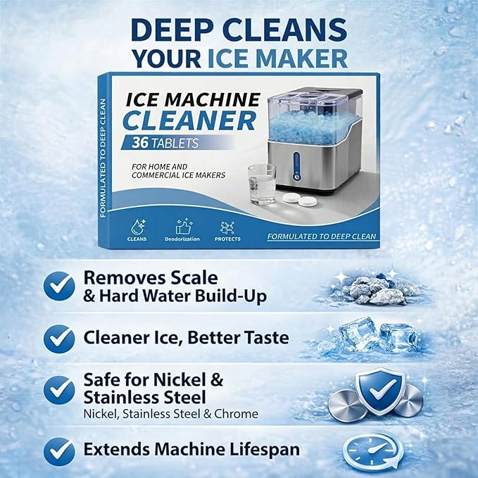Ice Machine Cleaner Tablets Nickel Safe Ice Maker Cleaner Tablets for Countertop, Nugget Ice Makers Compatible with All Major Brands 36pcs