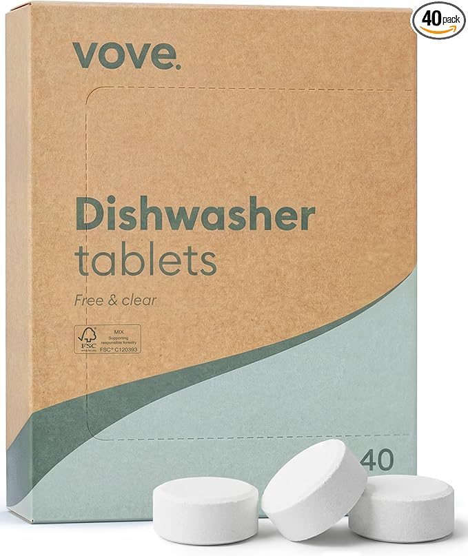 Vove Dishwasher Detergent Tablets, 40 Count - Plastic-Free, No PVA, No Microplastics - 2x Enzyme Power for Sparkling Dishes - Plant-Based, Fragrance-Free, Septic Safe, FSC-Certified Kraft Packaging