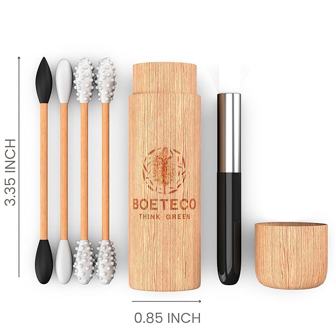 Bamboo Reusable qtip Ear Swab and Makeup Swabs Kit. 1 Case with 4 Reusable Silicone Bamboo Swabs for Ears, Baby, Beauty