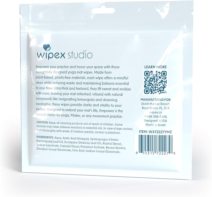 Wipex Studio Empower Yoga Mat Cleaner Wipes 25ct Zip Pack, Ultra Thick and Textured, Lemongrass Eucalyptus Scent, Natural Choice for Yoga, Pilates, or Any Movement Practice