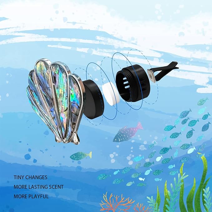 Seashell Car Decor,Coastal Car Air Freshener,Iridescent Abalone Seashell Air Vent Clips,Ocean Themed Car Interior Dashboard Accessories,Girly Refillable Diffuser