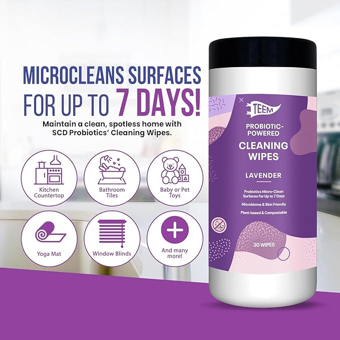 TEEM Probiotic Cleaning Wipes with Lavender Essential Oil, Microcleans Surfaces for up to 7 Days, Home Compostable & Biodegradable, Multi Surface Wipes by SCD Probiotics, 30 Count (Pack of 6)