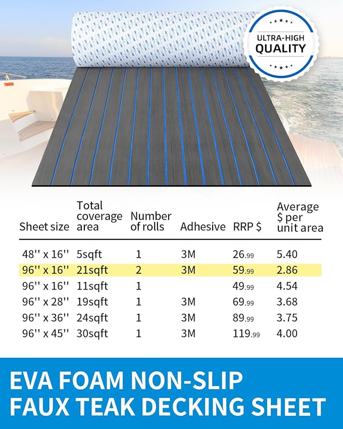 OCEANBROAD EVA Foam Boat Flooring with 3M Adhesive Backing Marine Self-Adhesive Decking 96''x45.6''/36''/28.8''/16.8'', 48''x16.8'' Faux Teak Sheet for Jon Boats Swim Platform Helm Pad RV Floor