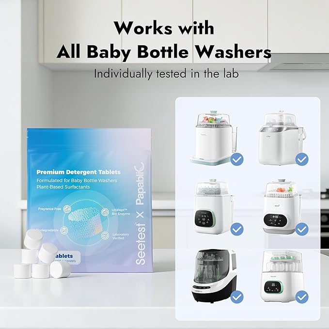 Papablic & Seetest Upgraded 60Pcs Detergent Soap Tablets, One-Tablet Deep Cleaning, UltiPept Enzyme Formula, Compatible with All Brands of Baby Bottle Washer, Gentle for Bottles & Pump Parts
