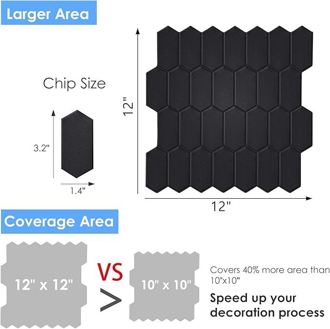 Matte Black Long Hexagon Peel and Stick Wall Tiles for Kitchen, 10-Sheet Stick on Tiles Backsplash for Bathroom, Large Self-Adhesive Kitchen Backsplash (12''×12'')