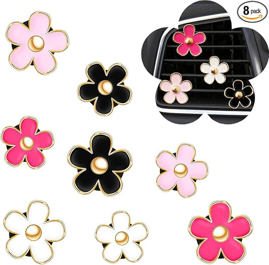 Daisy Flower Car Air Freshener Vent Clips, 8 Pcs Cute Car Accessories for Women Interior, Girly Decor Essentials, Truck Accessories, for Bathroom Office Pet Houses (Pink,White,Black,Red, 3.1cm, 2.9cm)