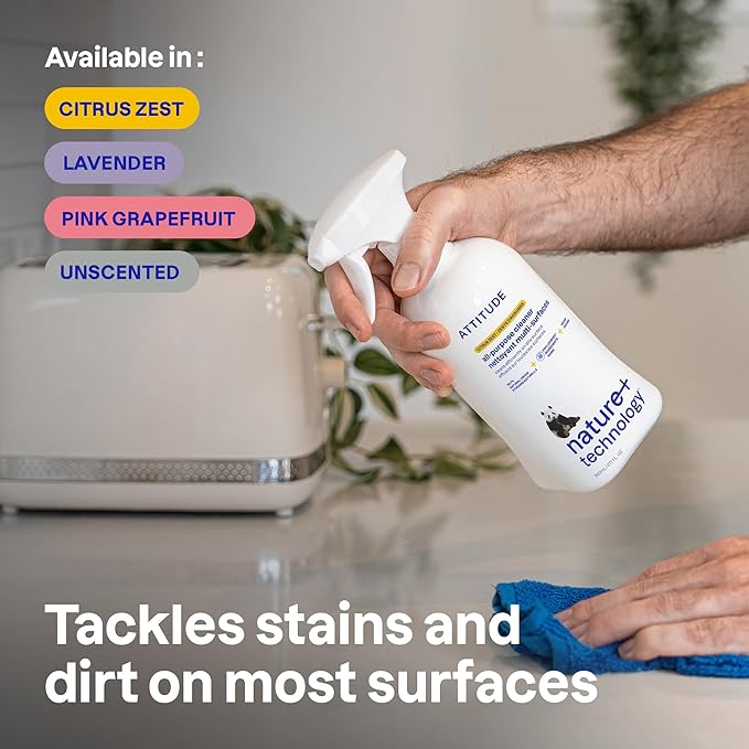 Bundle of ATTITUDE Multipurpose Spray Cleaner, Efficient Multi-Surface Plant & Mineral-based Formula, Vegan and Cruelty-Free, Citrus Zest, 27.1 Fl Oz + Bulk Refill Format, 135.26 Fl Oz