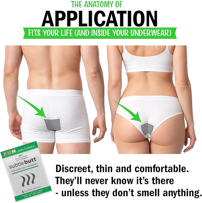 Subtle Butt Disposable Activated Charcoal Odor Absorber for Gas Relief for Adults, Flatulence Deodorizing Pad, 5 Pack Thin Carbon Fart Filter Underwear & Gag Gifts That Actually Work