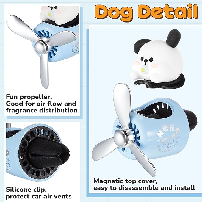 Tallew 2 Pack Car Air Freshener Cute Dog & Panda Car Vent Clip Diffuser with Rotating Propeller Outlet Vent Easy to Install Included 2 Scents Aroma Tablets Aromatherapy Ornament Auto Accessories