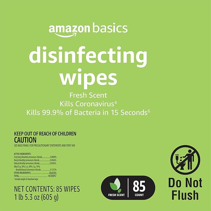 Amazon Basics Disinfecting Wipes, Fresh Scent, Sanitizes/Cleans/Disinfects/Deodorizes, 85 Count, for Hard Nonporous Surfaces