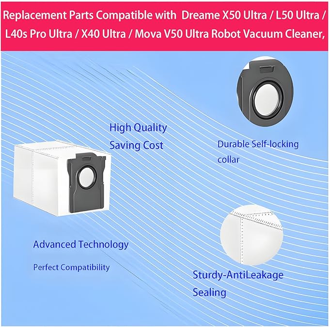 Dust Bags and Mop Pads Replacement for Dreame X50 Ultra / L50 Ultra / L40s Pro Ultra / X40 Ultra/Mova V50 Ultra: 14 Pack used for Pet Hair, Dirt, and Debris on All Floor Surfaces