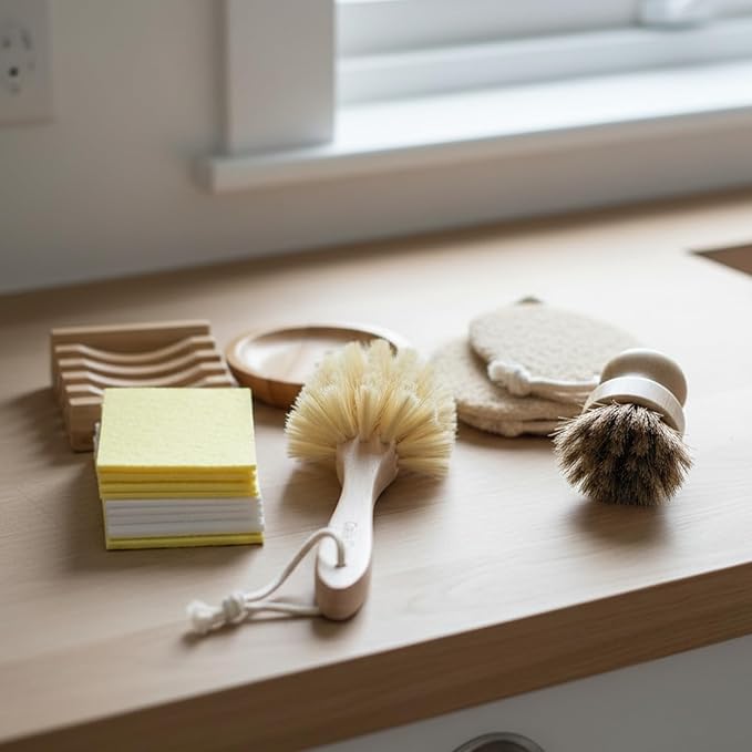 (NO Plastic) Dish Washing Brushes and Sponges, 2 Wood Brushes + 10 Natural Sponges + 5 Loofahs+ 2 Wood Brush Holders, Plastic Free Kitchen Cleaning Brushes (Zero Waste Kit)