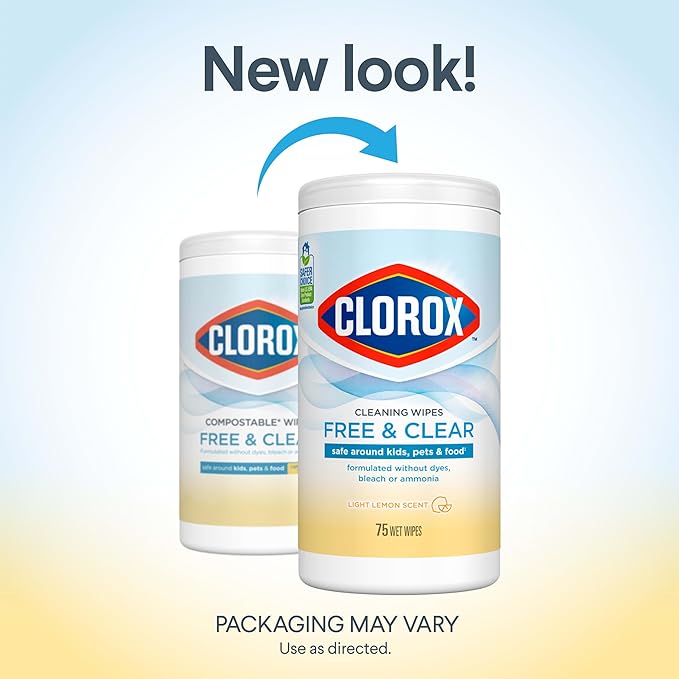 Clorox Free & Clear Cleaning Wipes, Light Lemon Scent, 75 Count (Package May Vary)