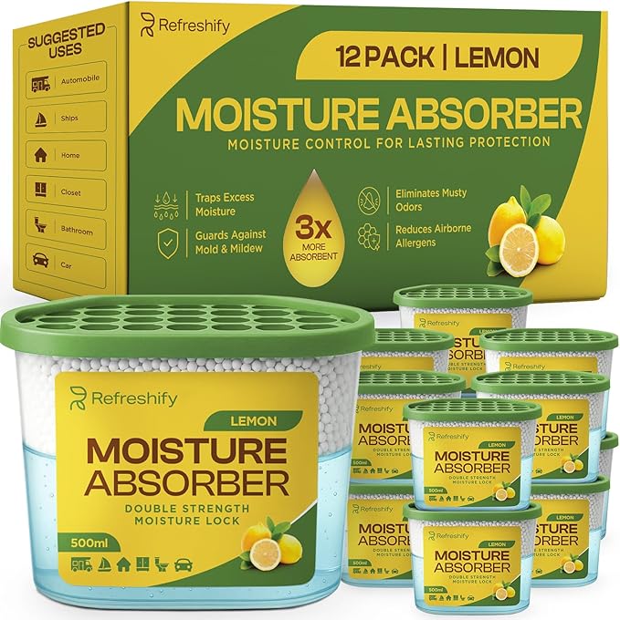 Premium Moisture Absorbers and Dehumidifier Tubs – High-Efficiency Closet Dehumidifier and Dehumidifier for Car, Odor Control Lemon Scent, 12 Pack, 7.5 Oz
