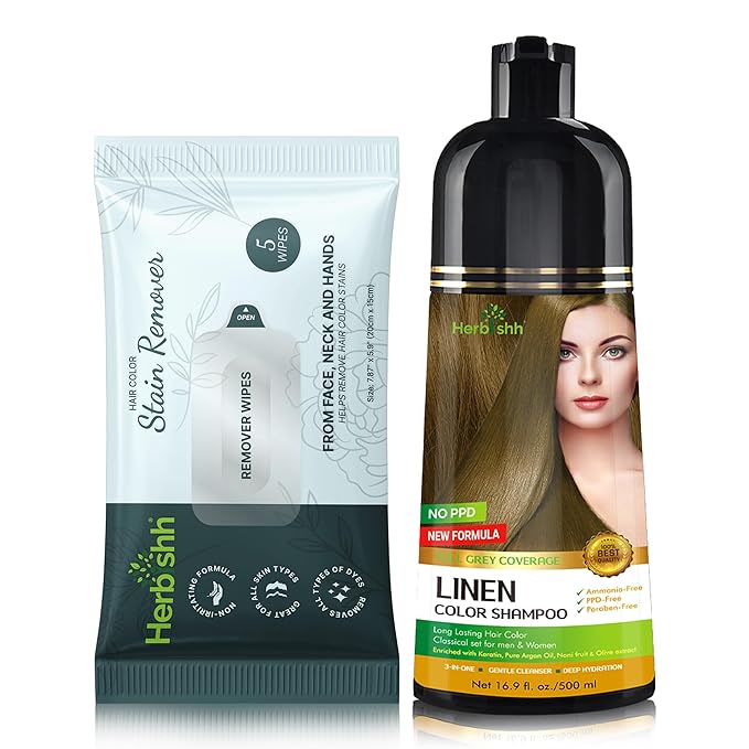 Herbishh Hair Color Shampoo for Gray Hair - 500 ML + Hair Color Stain Remover 5 Wipes - Travel Pack