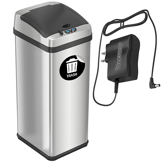 iTouchless 13 Gallon Automatic Touchless Sensor Kitchen Garbage Can with AC Adapter and Odor Filter Deodorizer, Includes Waterproof Reusable Vinyl Trash Sticker, Stainless Steel/13 Gal