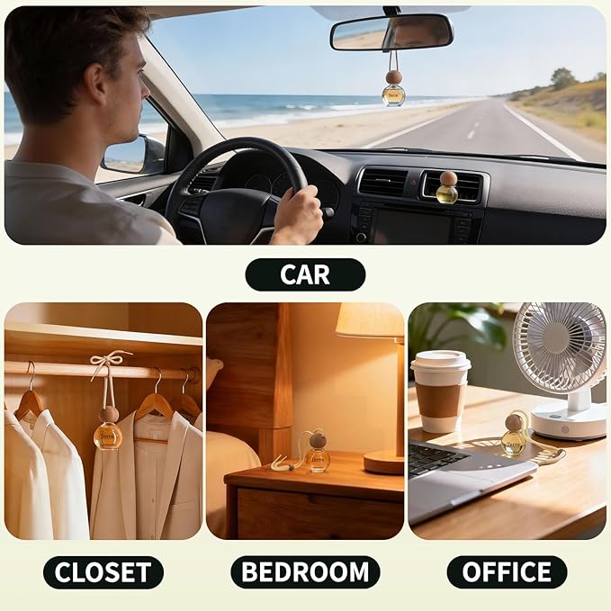 Car Air Freshener Hanging 2 Pack, Sandalwood & Terre Scent Essential Oil Diffuser Long Lasting Up to 150 Days, Cute Car Accessories with 2 Vent Clip for Women Men Gift, Odor Eliminator