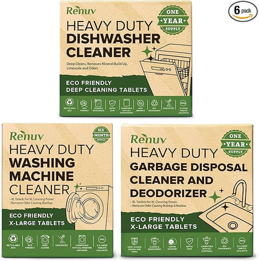 Renuv® Washing Machine Cleaner + Dishwasher Cleaner + Garbage Disposal Cleaner - Heavy Duty Kitchen Appliance Deep Cleaning, Descaling