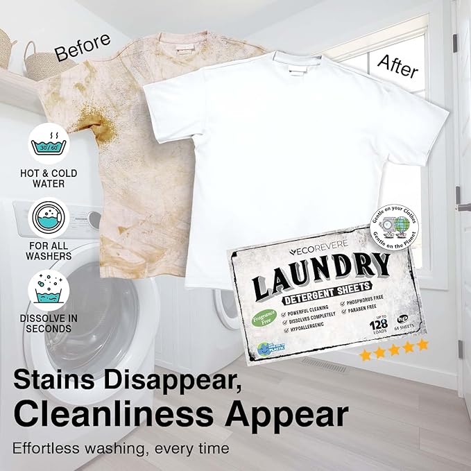 Laundry Detergent Sheets - Eco Friendly Hypoallergenic for sensitive skin, Natural Plant Based Washer Sheets, Travel Laundry Detergent, Chemical Free (64cnt/128 Small Loads) Unscented, Fragrance-Free