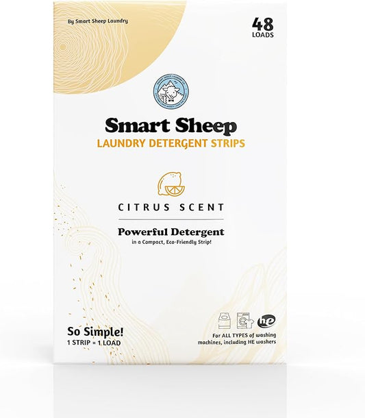 Smart Sheep Laundry Detergent Strips - Sensitive Skin, Eco Friendly & Plastic Free - Perfect for Travel & Camping (48 Count, Citrus)
