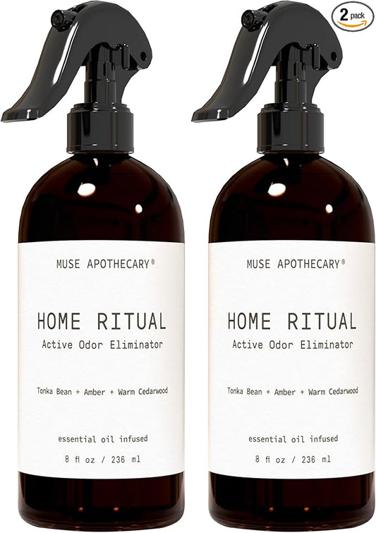 Muse Apothecary Home Ritual Active Odor Eliminator Spray - Furniture Deodorizer Spray & Bathroom Odor Eliminator for Home - Essential Oil Air Freshener - 8oz, Tonka Bean + Amber + Warm Cedarwood