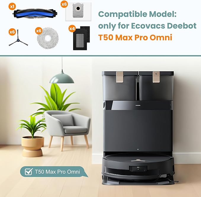 24 Pcs Replacement Parts Compatible with Ecovacs Deebot T50 Max Pro Omni Robot Vacuum, Include 1 Main Brush, 6 Dust Bags, 4 Filters, 6 Side Brushes, 6 Mop Pads and 1 Cleaning Tool