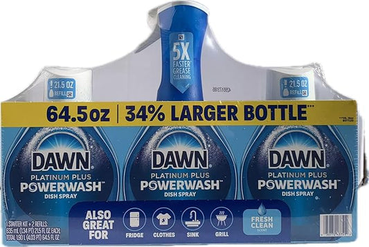 Dawn Platinum Powerwash, Fresh Scent, 1 Starter Kit + 2 Refills (21.5oz each - 3 Piece Set)
