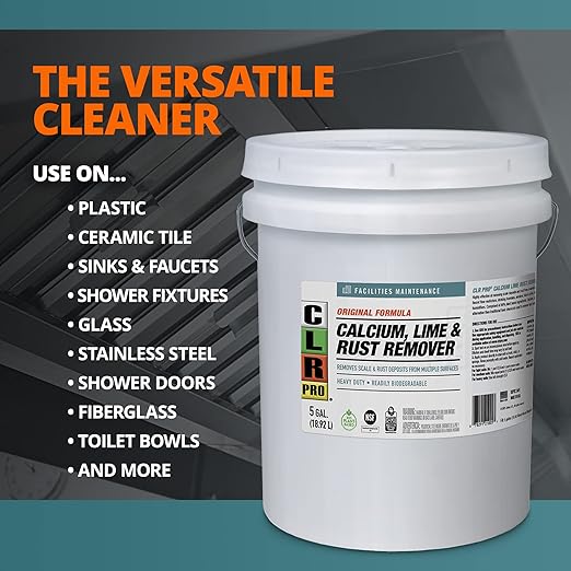 CLR PRO Calcium, Lime & Rust Remover - Quickly Removes Calcium and Lime Deposits, Stubborn Rust Stains, and Household Hard Water Deposits, Soap Scum, and Dirt - 5 Gallon Pail