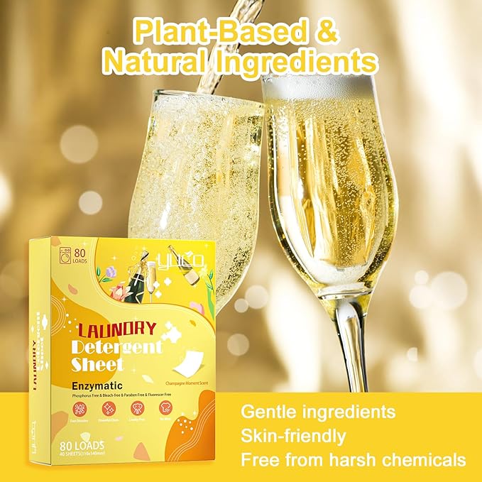 YUCO Laundry Detergent Sheets Berry and Champagne Scent Total 160 Loads, Laundry Soap Washer Sheet, Liquidless Laundry Detergent Sheets for Travel No Plastic, Hypoallergenic, Pack of 2