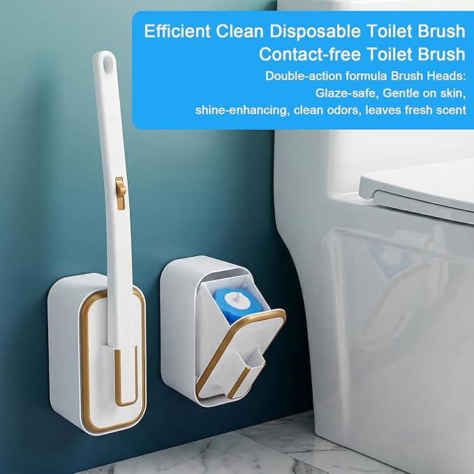 Disposable Toilet Brush with 54 Pcs Refill Heads and Holder– Includes Storage Caddy&Toilet Bowl Wand, Wall-Mount Scrubbing Toilet Brush Bathroom Cleaning Kit (1 Wand & 54 Refills)