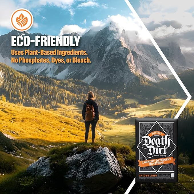 Death to Dirt Laundry Detergent Sheets, 64 Loads, Tough on Stains and Odors, Gentle on Skin and Fabric, Plant-Based & Eco-Friendly, Zero Trace Unscented, 32ct