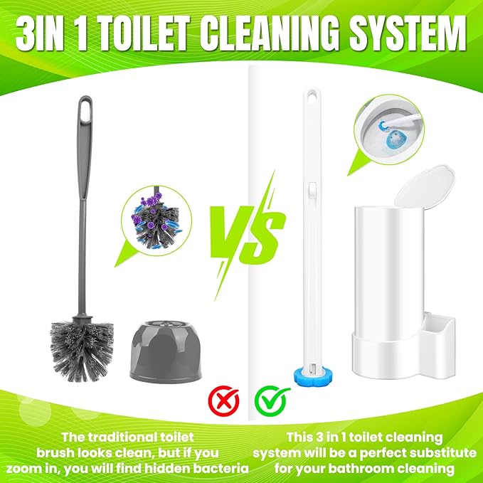 KOKL 2 Pack Disposable Toilet Brush with Holder Set, Toilet Bowl Cleaner, Toilet Bowl Brush with 54 Cleaner Refills, Toilet Cleaning Supplies for Bathroom Maintenance(2-Set)