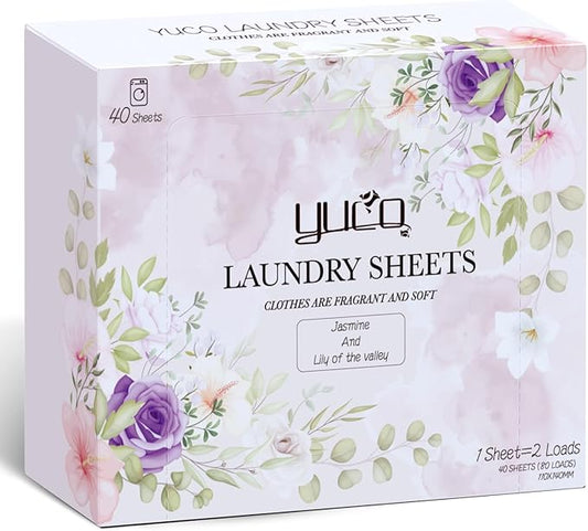 YUCO Travel Laundry Detergent Sheets 80 Loads Liquidless Detergent Sheets for Travel No Mess No Plastic Jug Concentrated Laundry Sheet Hypoallergenic Jasmine And Lily of the Valley Scent