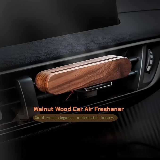 Natural Walnut Wood Vent Clip for Car (2-Pack) - Refillable Aroma Diffuser Base, Includes 10 Unscented Absorber Sticks - Elegant Air Freshener for Car, Home, Office & More