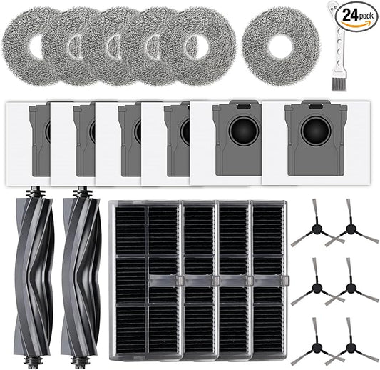 24 Pcs Replacement Parts for Dreame L10s Ultra Gen 2/ L10s Pro Ultra Heat/ X30 Ultra/for E30 Ultra Robot Vacuum and Mop, 2 Main Brush, 4 HEPA Filters, 6 Mop Pads, 6 Dust Bags, 6 Side Brush