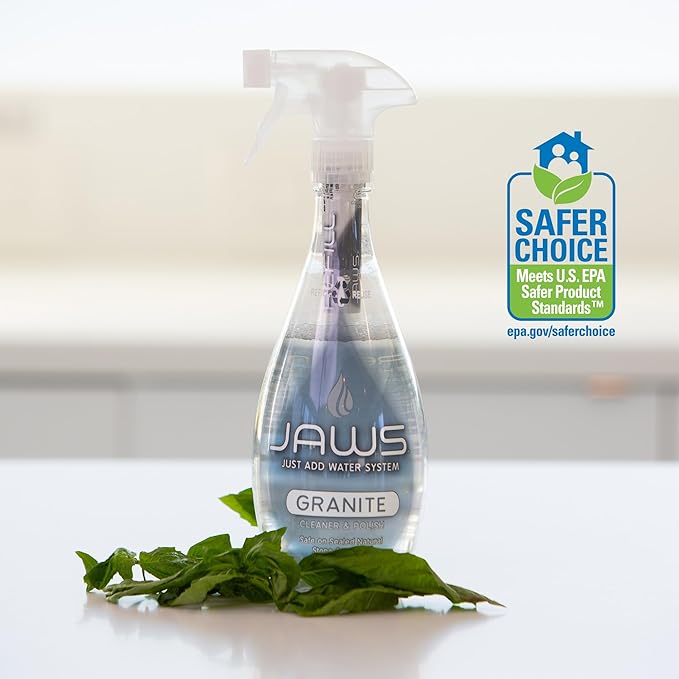 JAWS Granite Cleaner & Polish Bottle with 2 Refill Pods. Refillable Cleaning Supplies.