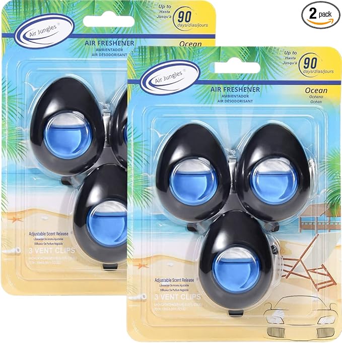 Air Jungles Car Air Freshener Vent Clip 3 Count (Pack of 2), Ocean Scent, 4 ml Each, Long-Lasting Car Odor Eliminator, Easy Clip-On Design, Up to 180 Days Freshness for Cars, Trucks, and SUVs