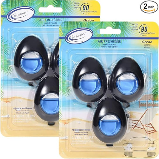 Air Jungles Car Air Freshener Vent Clip 3 Count (Pack of 2), Ocean Scent, 4 ml Each, Long-Lasting Car Odor Eliminator, Easy Clip-On Design, Up to 180 Days Freshness for Cars, Trucks, and SUVs