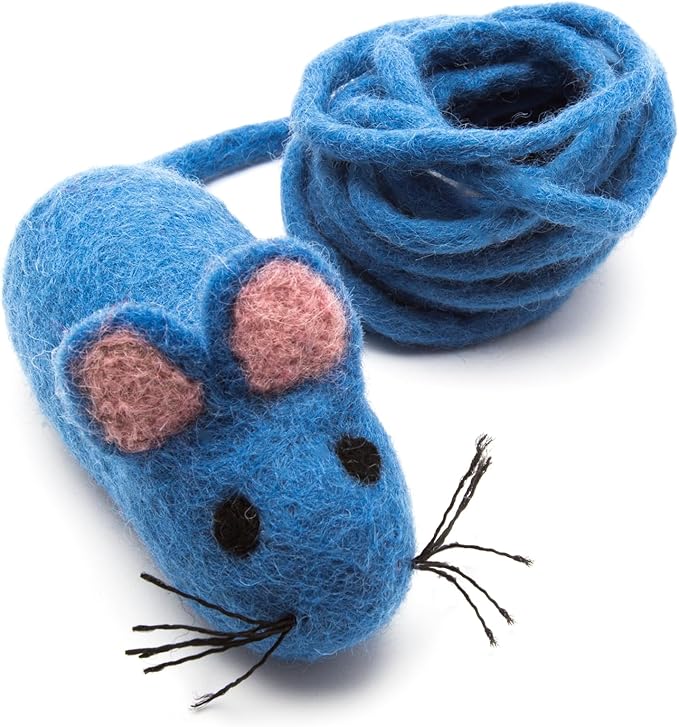 Glaciart One Felt Mouse Cat Toy – Soft Fuzzy Enrichment 100% Natural Wool - Interactive Catnip Play Cat Toy Set - Safe for Pets, Non-AZO Colored Dyes - 100” Long