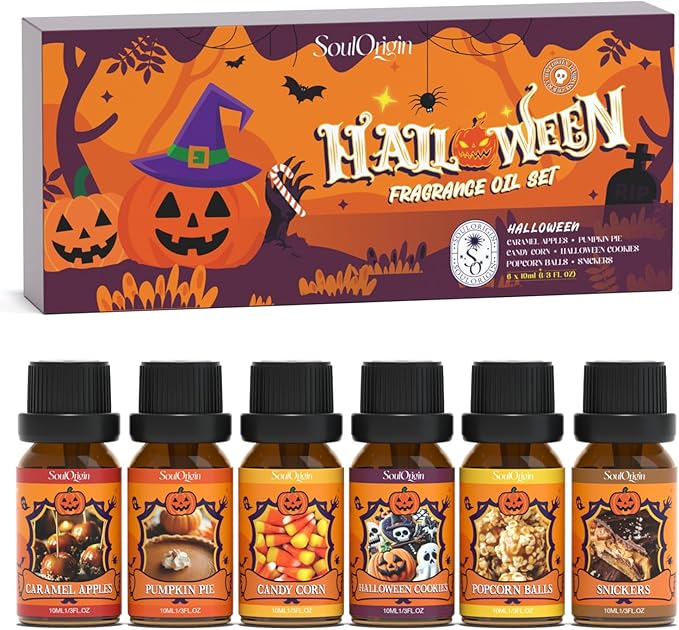 Halloween Fragrance Oils Set, Essential Oil for Diffuser, Diffuser Oil, Use for Soap Candle Making,Caramel Apples, Pumpkin Pie, Candy Corn, Halloween Cookies, Popcorn Balls, Snickers Bars
