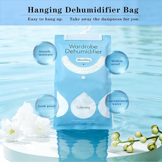 12 in 1 Moisture Absorbers Packets Set, Dehumidifier Bags for Closet, Unscented Hanging Humidity Absorber in Wardrobes, Bedrooms, Bathrooms, Car and More (Capacity 500 Milliliters/Bag;12 Bags)