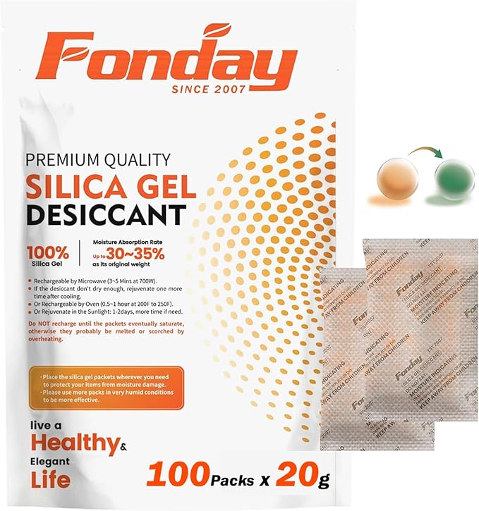 20g x 100 Packs Fonday Rechargeable Silica Gel Desiccant Packets Fast Reactivate Desiccant Bags Moisture Indicating Orange to Green for Food Storage, Electronics, 3D Filament & Safes