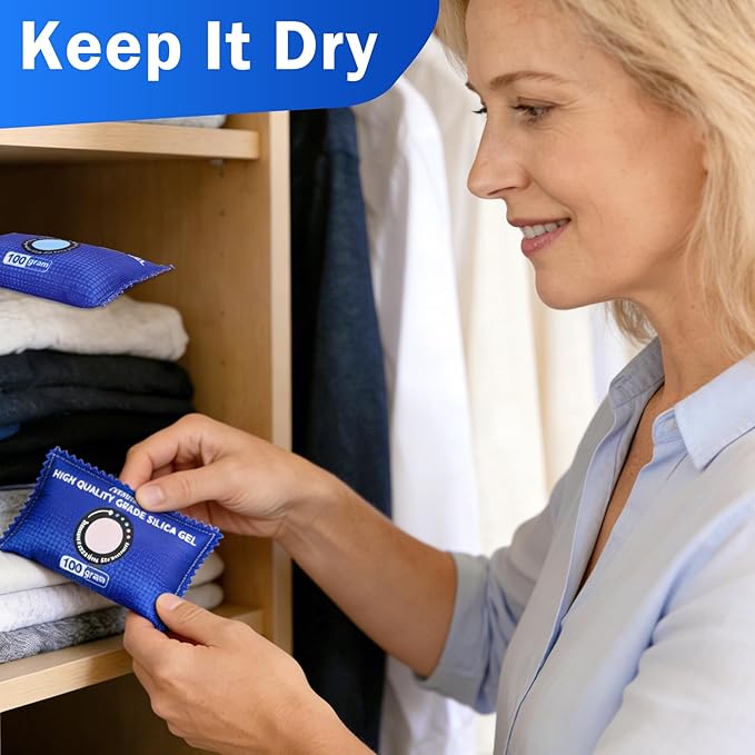 12 Pack Rechargeable Desiccant Packs, 100g Each, Blue, Color Indicating Silica Gel Dehumidifier Bags for Storage, Closets, Cars, Bins