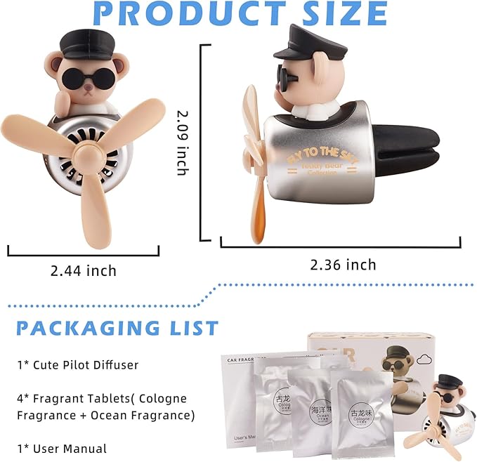 Car Air Freshener Cute Cartoon Teddy Bear Pilot Car Diffuser Rotating Propeller Automotive Air Outlet Fan Creative Car Perfume Decoration Cool Car Accessories