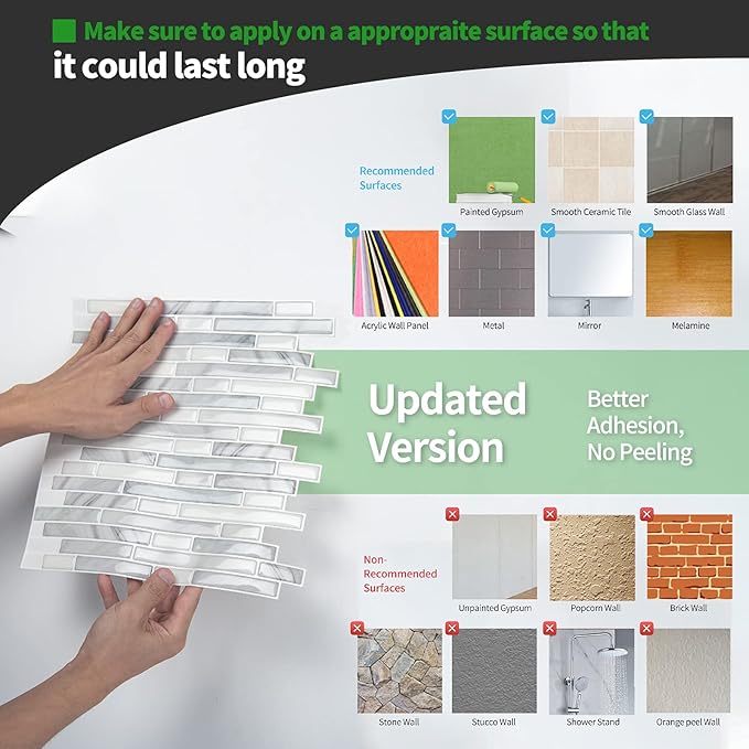 LONGKING 10-Sheet Self-Adhesive Peel and Stick Backsplash for Kitchen, Vinyl Decorative Tiles (Light Gray)